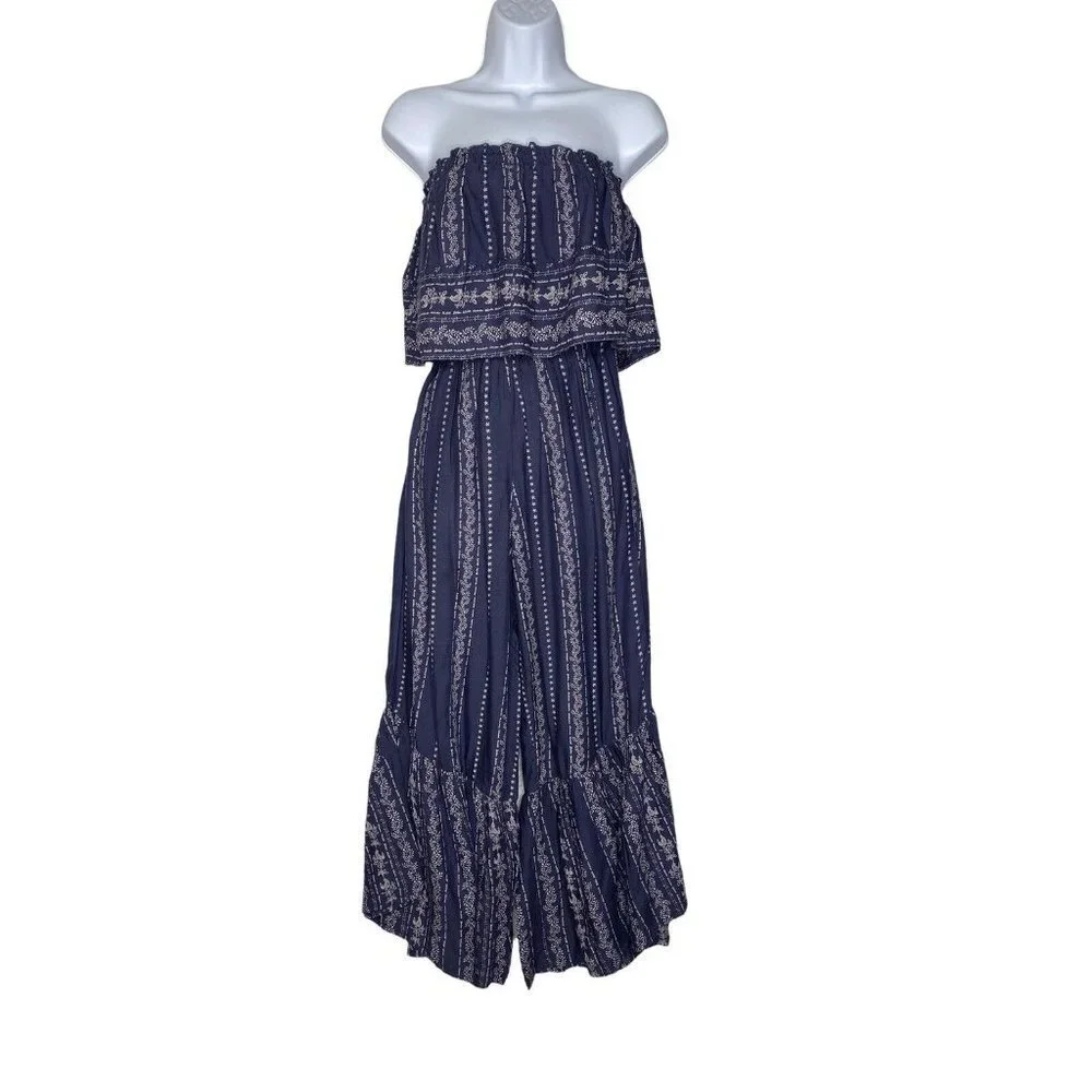 Japna Wide Leg Romper Women's Blue Flare‎ Strapless Smocked Jumpsuit SZ XS
